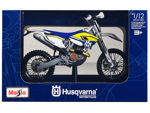 Husqvarna FE 501 White and Blue with Yellow Stripes Motorcycle 1/12 Diecast Model by Maisto