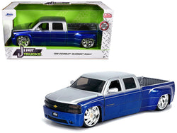 1999 Chevrolet Silverado Dually Pickup Truck Blue Metallic and Silver with Custom KMC Wheels "Just Trucks" Series 1/24 Diecast Model by Jada