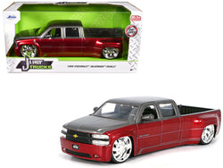 1999 Chevrolet Silverado Dually Pickup Truck Red Metallic and Gray with Custom KMC Wheels "Just Trucks" Series 1/24 Diecast Model by Jada