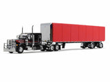 Peterbilt 379 with 63" Flat Top Sleeper and 53' Utility Roll Tarp Spread-Axle Trailer Black and Red 1/64 Diecast Model by DCP/First Gear