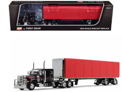 Peterbilt 379 with 63" Flat Top Sleeper and 53' Utility Roll Tarp Spread-Axle Trailer Black and Red 1/64 Diecast Model by DCP/First Gear