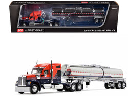 Kenworth W990 with 76" Mid-Roof Sleeper and Brenner Chemical Grade Tandem Axle Tanker Trailer Red and Navy Blue 1/64 Diecast Model by DCP/First Gear