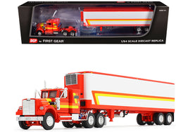 White Western Star 4900 with 36" Vintage Flat Top Sleeper and Wilson 40' Vintage Refridgerated Trailer Red and White with Stripes 1/64 Diecast Model by DCP/First Gear