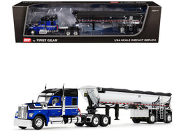 Kenworth W990 76" Mid-Roof Sleeper and MAC Half Round End Dump Trailer Blue and Black 1/64 Diecast Model by DCP/First Gear