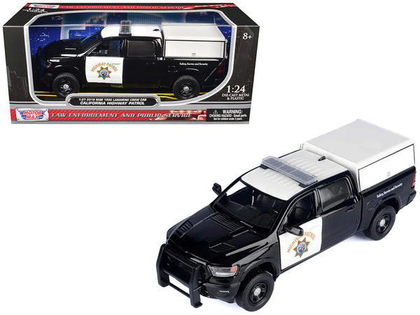 2019 RAM 1500 Laramine Crew Cab Pickup Truck "California Highway Patrol" Black and White with Truck Bed Camper "Law Enforcement and Public Service" Series 1/27 Diecast Model by Motormax