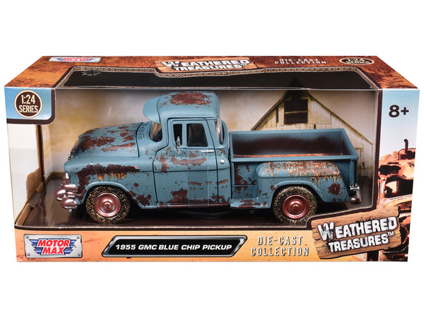 1955 GMC Blue Chip Pickup Truck Matte Blue (Rusted) "Weathered Treasures" Series 1/24 Diecast Model by Motormax