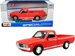 1973 Datsun 620 "Li'l Hustler" Pickup Truck Orange with White Stripes "Special Edition" 1/24 Diecast Model Car by Maisto