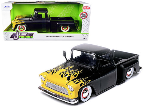 1955 Chevrolet Stepside Pickup Truck Matte Black with Yellow Flames "Just Trucks" Series 1/24 Diecast Model by Jada