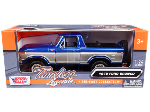 1978 Ford Bronco Ranger XLT (Open Top) with Spare Tire Blue Metallic and Silver "Timeless Legends" Series 1/24 Diecast Model by Motormax