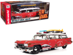 1959 Cadillac Eldorado Ambulance Red with White Top "Malibu Beach Rescue" (Weathered) with Surfboards on Roof "Surf Shark" 1/18 Diecast Model Car by Autoworld