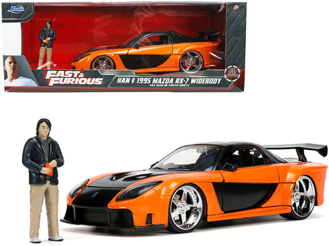 1995 Mazda RX-7 Widebody RHD (Right Hand Drive) Orange Metallic and Black with Han Diecast Figure "The Fast and the Furious: Tokyo Drift" (2006) Movie 1/24 Diecast Model Car by Jada